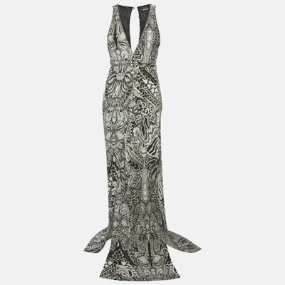 Pre-owned Just Cavalli Black & White Printed Jersey Cut Out Detail Maxi Dress M
