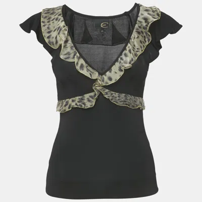 Pre-owned Just Cavalli Black Animal Print Frill Detail Jersey Top Xs In Sand