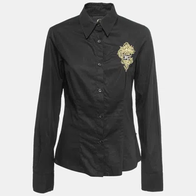 Just Cavalli Black Cotton Logo Crest Embroidered Shirt