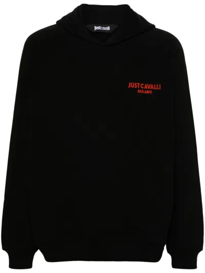 JUST CAVALLI BLACK FLOCKED-LOGO COTTON HOODIE