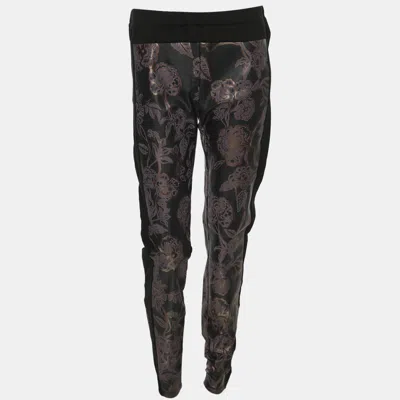Pre-owned Just Cavalli Black Floral Print Faux Leather And Stretch Fabric Trousers M