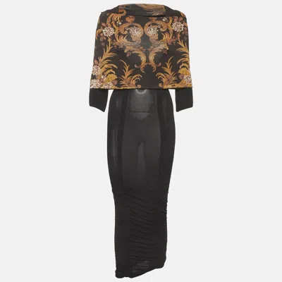 Pre-owned Just Cavalli Black Floral Print Jersey Ruche Midi Dress S