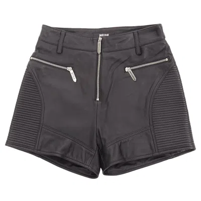 Pre-owned Just Cavalli Black Genuine Leather Silver Zip Motorcycle Ribbed Shorts It38 Xs