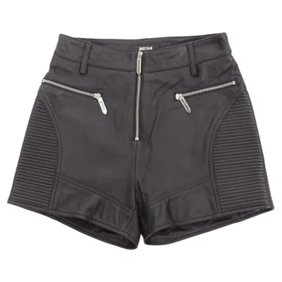 Pre-owned Just Cavalli Black Genuine Leather Silver Zip Motorcycle Ribbed Shorts It38 Xs