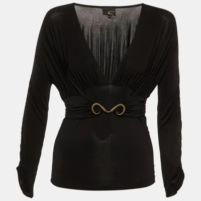 Pre-owned Just Cavalli Black Jersey Gathered Brooch Detail V-neck Top M