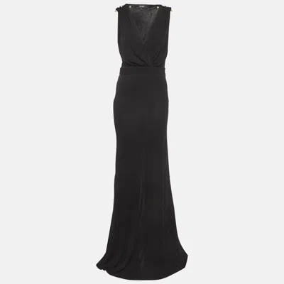 Pre-owned Just Cavalli Black Jersey Snake Embellishment Draped Maxi Dress M