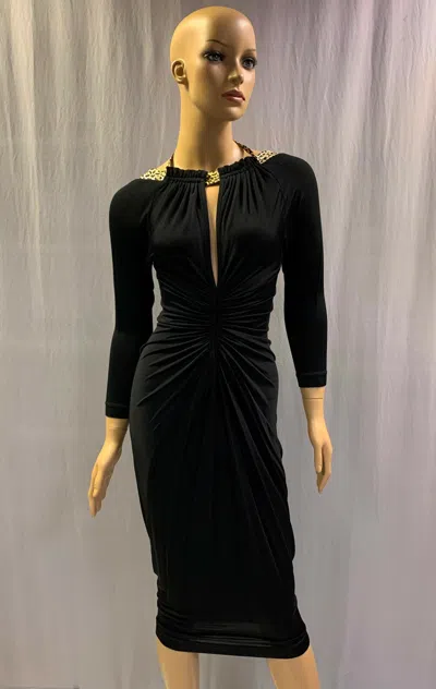 Pre-owned Just Cavalli Black Leopard Trim Keyhole Sheath Dress Sz It 40