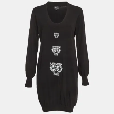 Just Cavalli Black Logo Intarsia Knit Sweater Dress