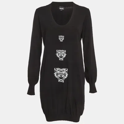 Pre-owned Just Cavalli Black Logo Intarsia Knit Sweater Dress L