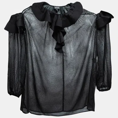 Pre-owned Just Cavalli Black Printed Chiffon Ruffle Trimmed Cold Shoulder Blouse M