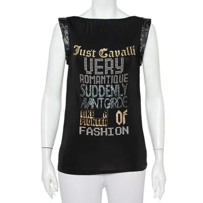 Just Cavalli Black Printed Jersey Puffed Armhole Detail T-shirt