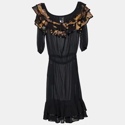 Just Cavalli Black Printed Silk Tiered Midi Dress