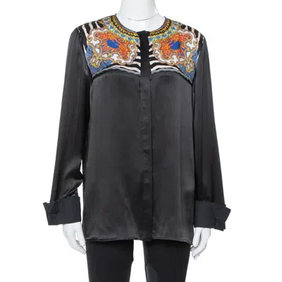 Just Cavalli Black Silk Printed Yoke Detail Long Sleeve Top