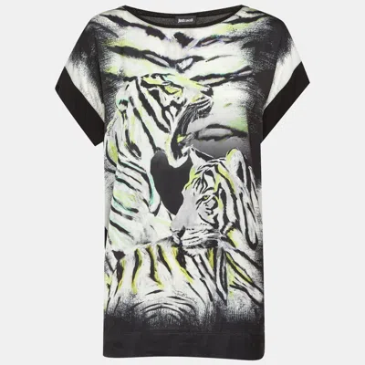 Pre-owned Just Cavalli Black Tiger Print Satin & Knit Crew Neck T-shirt Xs