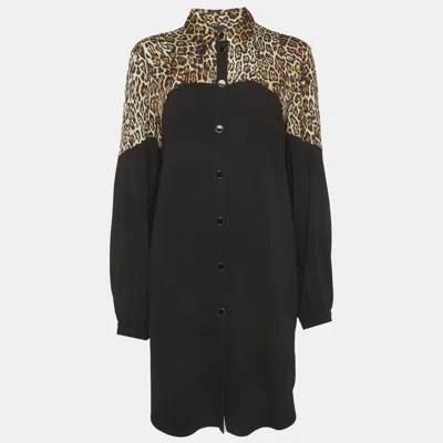Pre-owned Just Cavalli Black/animal Printed Crepe Button Front Mini Dress M