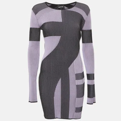 Pre-owned Just Cavalli Black/lilac Patterned Rib Knit Mini Dress L