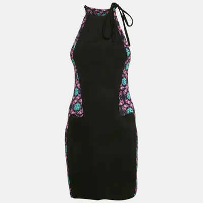 Pre-owned Just Cavalli Black/multicolor Printed Jersey Halter Neck Midi Dress S