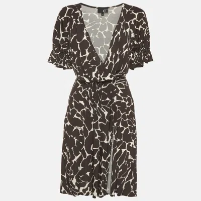 Pre-owned Just Cavalli Black/white Abstract Print Stretch Knit Plunge Neck Midi Dress L