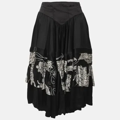 Pre-owned Just Cavalli Black/white Printed Satin Flare Layered Midi Skirt S