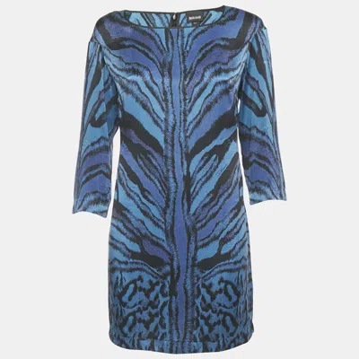 Pre-owned Just Cavalli Blue Animal Print Silk Long Sleeve Mini Dress M