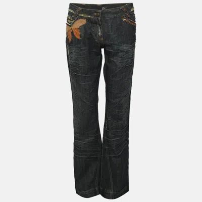 Pre-owned Just Cavalli Blue Denim Butterfly Studded Wide Leg Jeans M