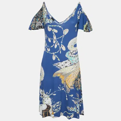 Pre-owned Just Cavalli Blue Printed Jersey Knee Length Dress L