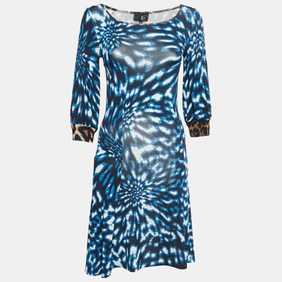 Just Cavalli Blue Printed Jersey Long Sleeve Midi Dress