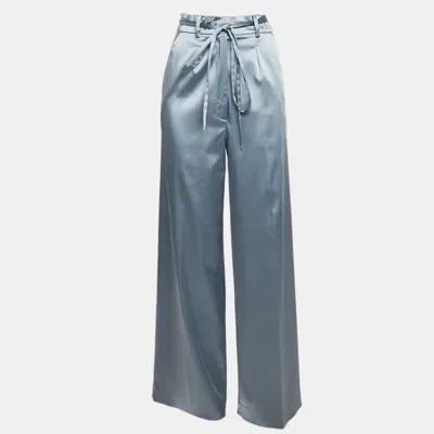 Pre-owned Just Cavalli Blue Satin Wide-leg Belted Trousers S