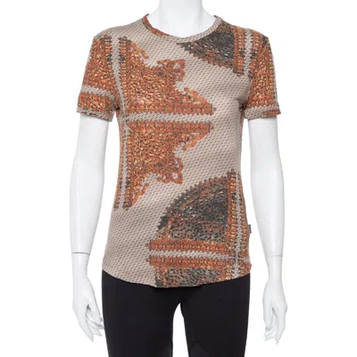 Pre-owned Just Cavalli Brown & Beige Printed Knit Short Sleeve Top L