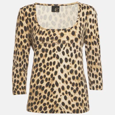 Pre-owned Just Cavalli Brown Animal Print Jersey Embellished Slim Fit Top L