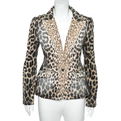 Just Cavalli Brown Animal Printed Denim Button Front Blazer