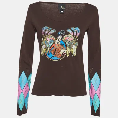 Pre-owned Just Cavalli Brown Graphic Print Argyle Patterned Sleeves Top L