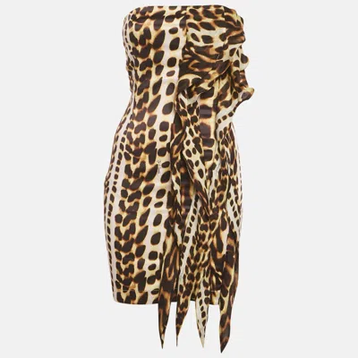 Just Cavalli Brown Leopard Print Satin Ruffled Tube Dress