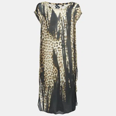 Just Cavalli Brown Leopard Print Silk Sheer Midi Dress In Gold