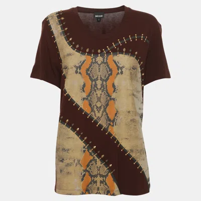 Pre-owned Just Cavalli Brown Multicolor Snake Print Jersey Studded Tops S