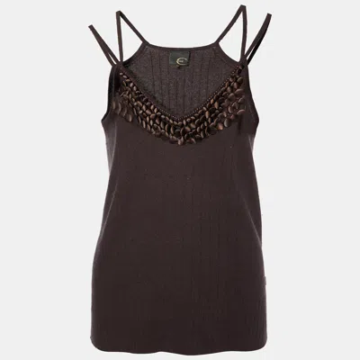 Just Cavalli Brown Silk Knit Button Embellished Tank Top In Black