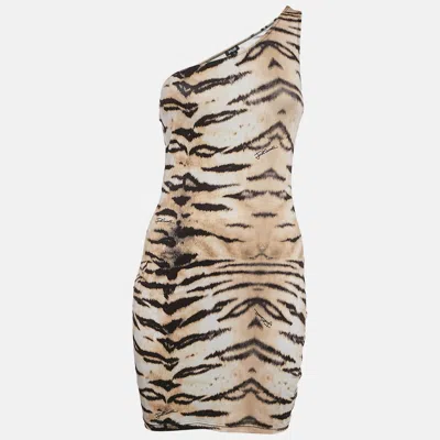 Pre-owned Just Cavalli Brown Tiger Print Jersey One Shoulder Bodycon Dress S