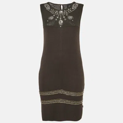 Just Cavalli Charcoal Black Knit And Mesh Embellished Midi Dress In Brown