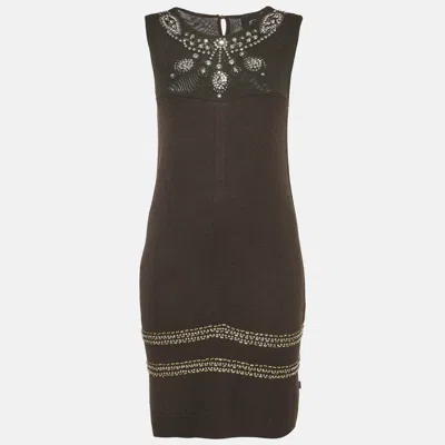 Pre-owned Just Cavalli Charcoal Black Knit And Mesh Embellished Midi Dress M
