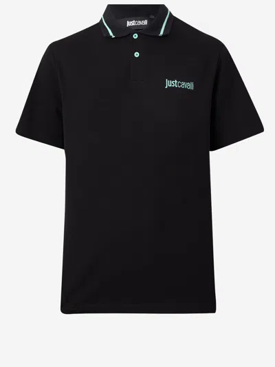 Just Cavalli Cotton Polo Shirt With Two Tone Collar And Logo In Black