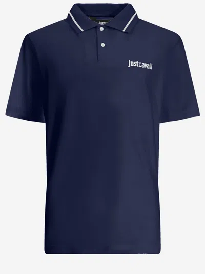 Just Cavalli Cotton Polo Shirt With Two Tone Collar And Logo In Blue