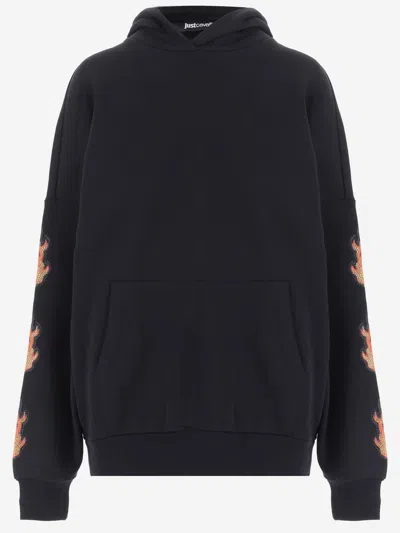 Just Cavalli Cotton Sweatshirt With Rhinestones In Black