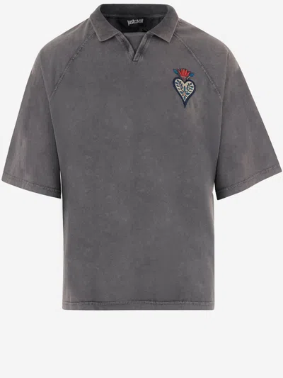 Just Cavalli Cotton T Shirt With Flame Embroidery And Back Logo In Gray