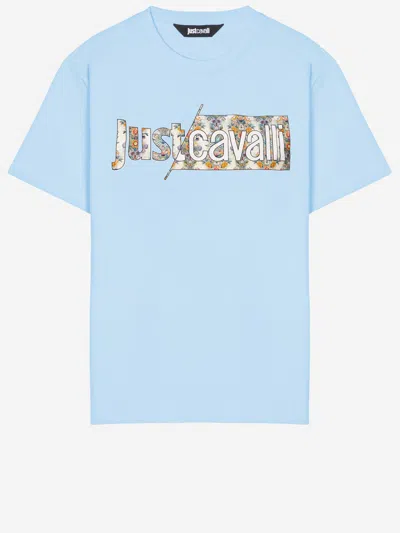 Just Cavalli Cotton T Shirt With Logo In Blue