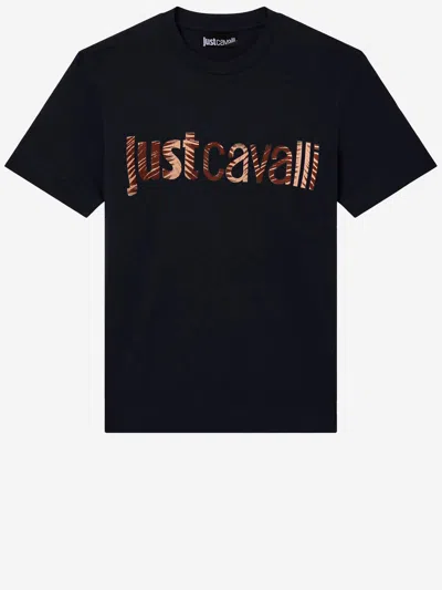 Just Cavalli Cotton T Shirt With Logo Print In Black