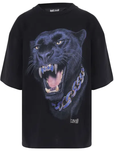 Just Cavalli Cotton T-shirt With Bold Panther Graphic And Rhinestone Detail In Black