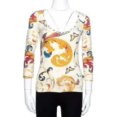 Just Cavalli Cream Butterfly Print Jersey Long Sleeves Top In Neutral