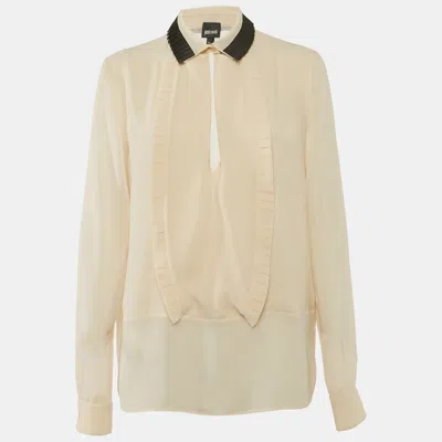 Pre-owned Just Cavalli Cream Crepe Pleated Ruffle Sheer Blouse M In White