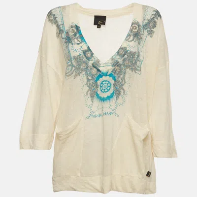 Pre-owned Just Cavalli Cream/blue Floral Print Knitted V Neck Jumper S In White