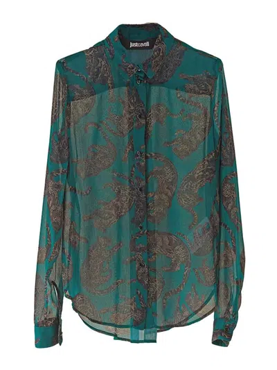 Just Cavalli Crepe Leopard Shirt In Green